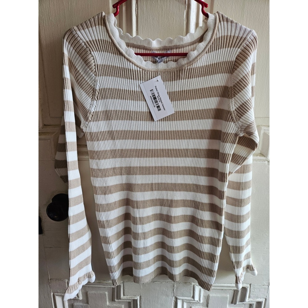 White Birch Parker Stripe Ribbed Sweater Tan White Scalloped Neck Ruffle Cuff 2X